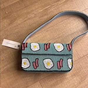 Anthropologie Green Beaded Crossbody Bag with Breakfast Design